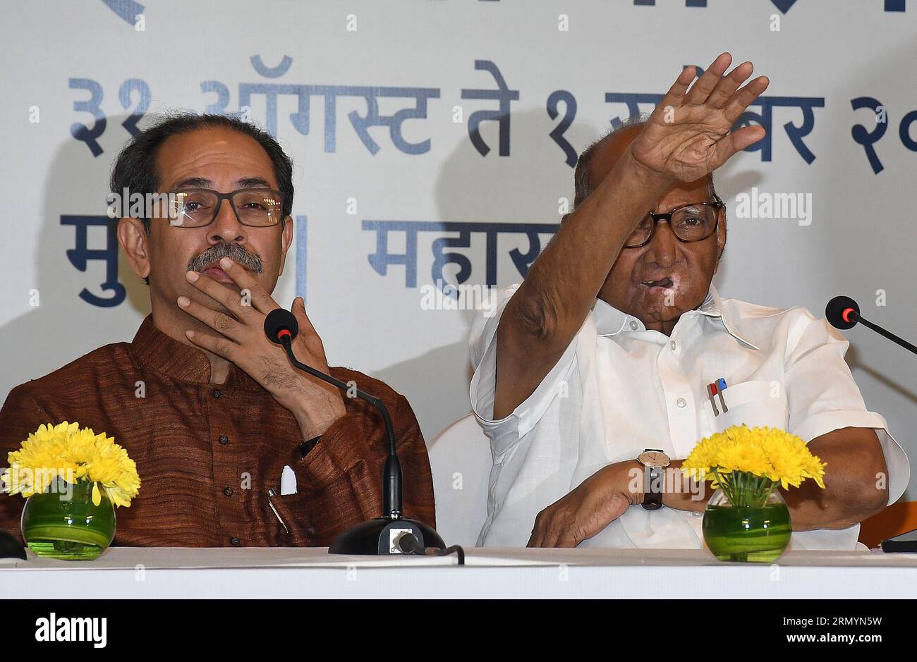 Mumbai, India. 30th Aug, 2023. L-R Shiv Sena (UBT) chief Uddhav Thackeray looks on as Nationalist Congress Party (NCP) chief Sharad Govindrao Pawar gestures with his hand during the Maha Vikas Aghadi (MVA) press conference in Mumbai. The press conference was held ahead of Indian National Developmental Inclusive Alliance (INDIA) third meeting to be held on 31st August and 1st September 2023. (Photo by Ashish Vaishnav/SOPA Images/Sipa USA) Credit: Sipa USA/Alamy Live News Stock Photo