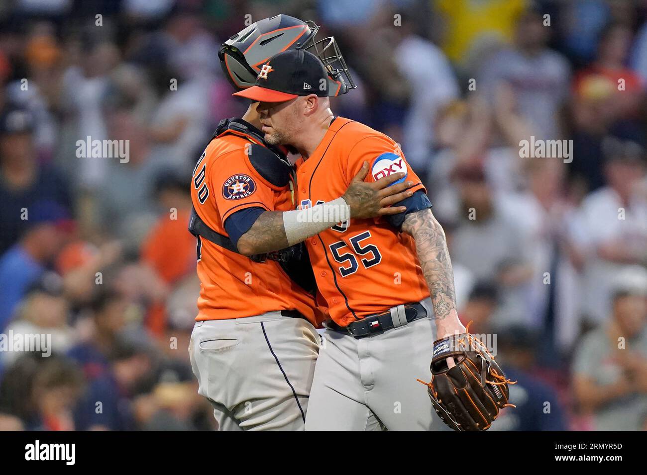 August 10, 2018: Houston Astros relief pitcher Ryan Pressly (55) pitches  during a Major League Baseball game between the Houston Astros and the  Seattle Mariners on 1970s night at Minute Maid Park