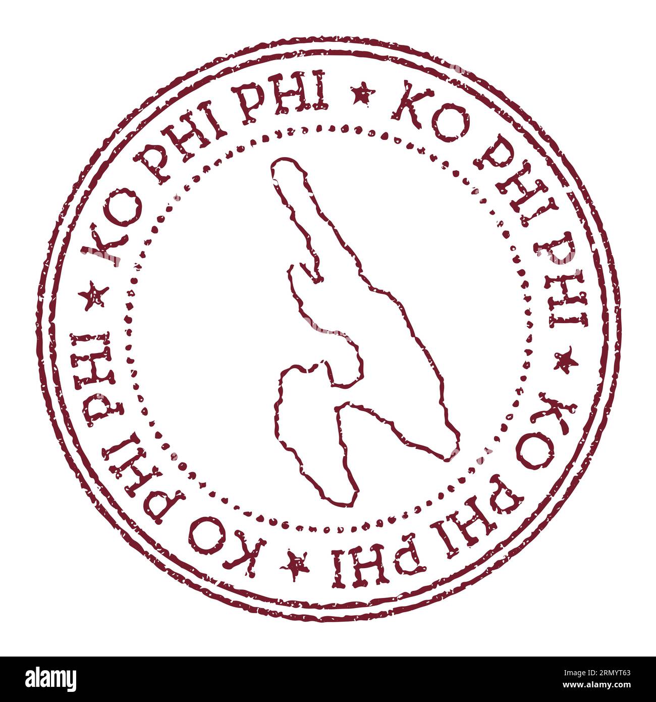 Ko Phi Phi round rubber stamp with island map. Vintage red passport