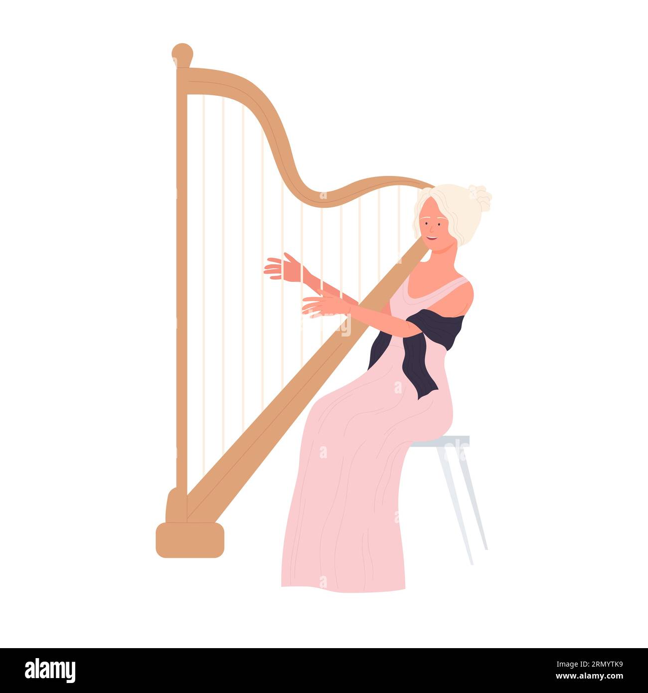Elegant woman playing on harp instrument. Musical player harpist