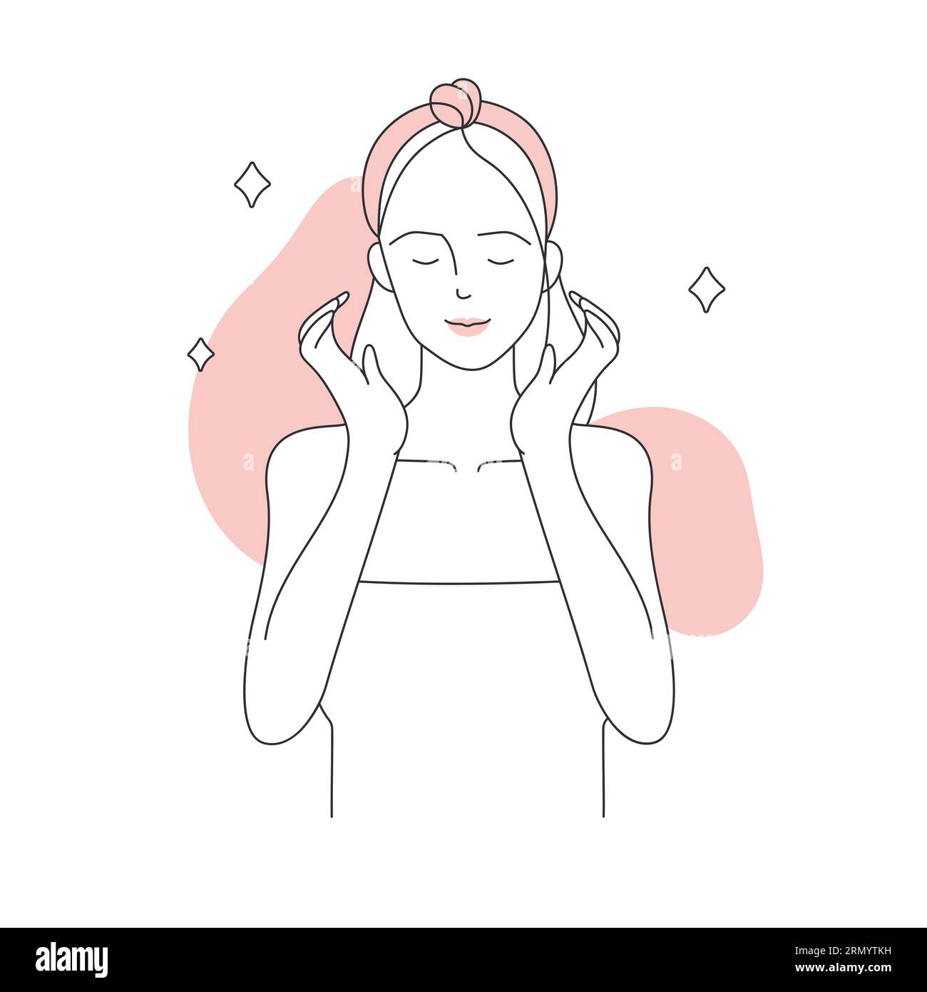 Girl with clear glowing face skin. Face anti acne treatment, daily care routine vector illustration Stock Vector