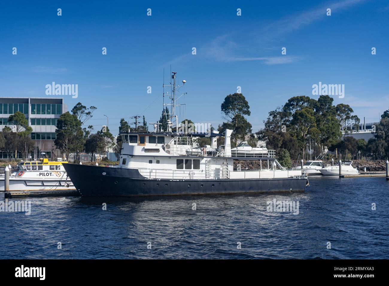 Pictures from the Port of Melbourne on a fine sunny day focussed on the leasure craft Sarasu (ex HMNZS Kiwi). Stock Photo