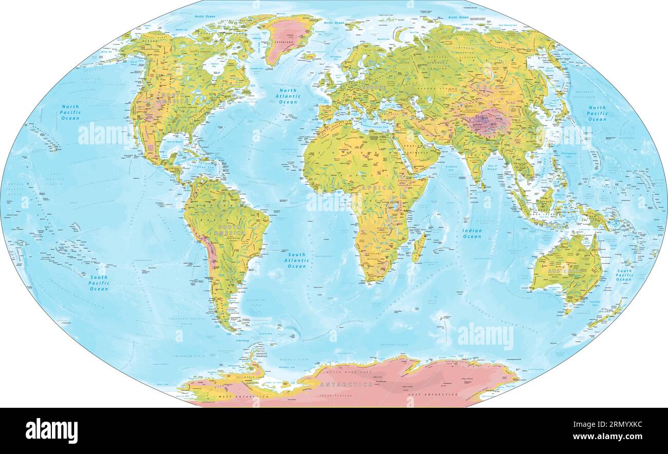 Detailed physical world map WinkelTripel projection Stock Vector Image