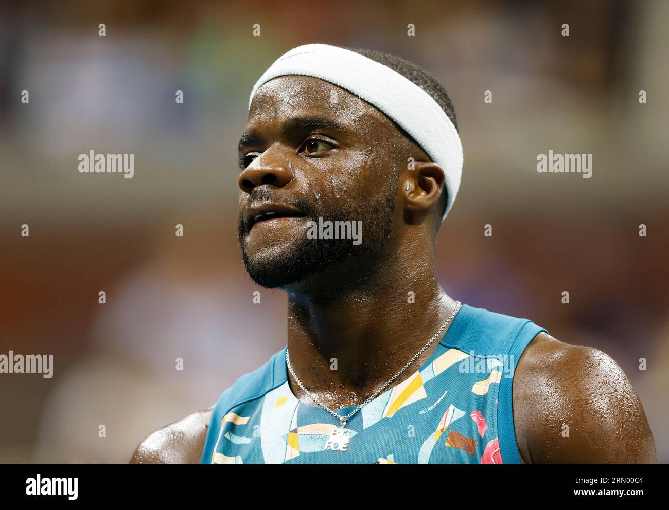 Flushing Meadow, United Stated. 30th Aug, 2023. Frances Tiafoe stands on the court in the 3rd set before defeating Sebastian Ofner of Austria in their second round match in Arthur Ashe Stadium at the 2023 US Open Tennis Championships at the USTA Billie Jean King National Tennis Center on Wednesday, August 30, 2023 in New York City. Djokovic defeated Zapata Miralles in straight sets to advance to the 3rd round. Photo by John Angelillo/UPI Credit: UPI/Alamy Live News Stock Photo