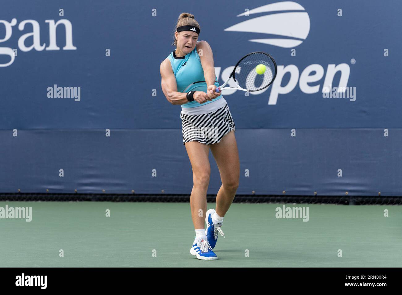 New York, USA. 30th Aug, 2023. Karolina Muchova of Czechia returns ball  during 2nd round against Magdalena Frech of Poland at the US Open  Championships at Billie Jean King Tennis Center in