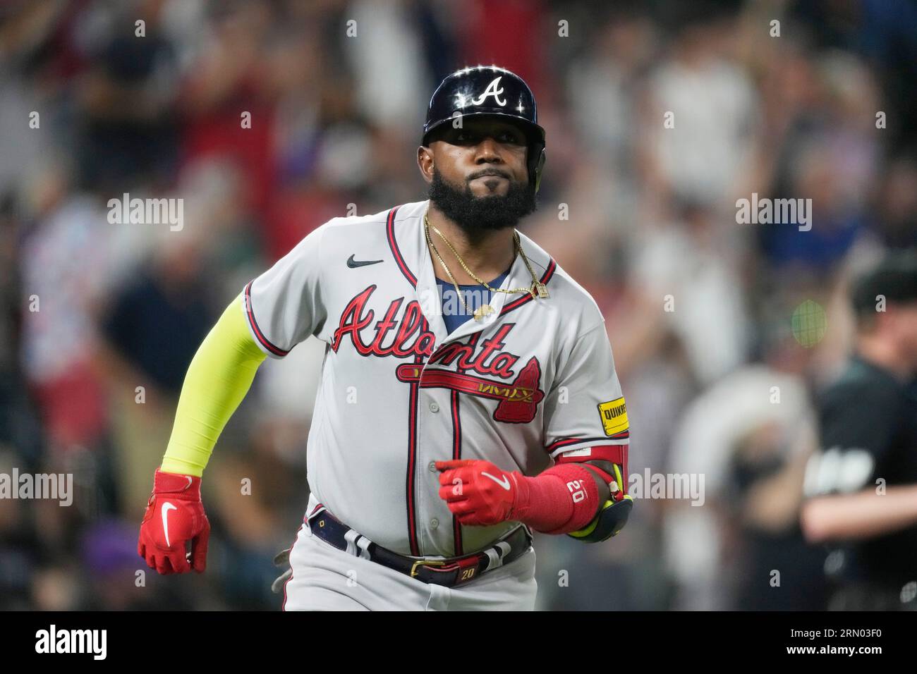 Atlanta Braves' Marcell Ozuna heads up the first-base line after connecting  for a solo home run off Colorado Rockies starting pitcher Kyle Freeland in  the sixth inning of a baseball game Wednesday