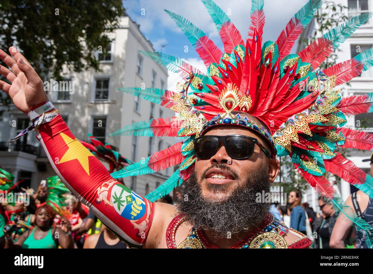 London, UK. 28th Aug, 2023. A dancer seen dressed in a colorful costume during the Notting Hill Carnival in London. The Notting Hill Carnival is one of the biggest street festivals in the world. It started in 1966 but originated with the Caribbean Carnival organised in 1959 with the immigrant community from Trinidad and Tobago. This year the Notting Hill Carnival marks the 50th anniversary of the introduction of the sound systems and Mas bands. Also it marks the 75th anniversary of the arrival of the passengers of the Empire Windrush to the UK. (Credit Image: © Krisztian Elek/SOPA Stock Photo