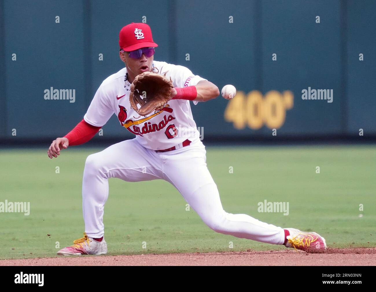 St. Louis, United States. 30th Aug, 2023. St. Louis Cardinals Masyn Winn fields a baseball for an out off the bat of San Diego Padres Garrett Cooper in the third inning at Busch Stadium in St. Louis on Wednesday, August 30, 2023. Photo by Bill Greenblatt/UPI Credit: UPI/Alamy Live News Stock Photo