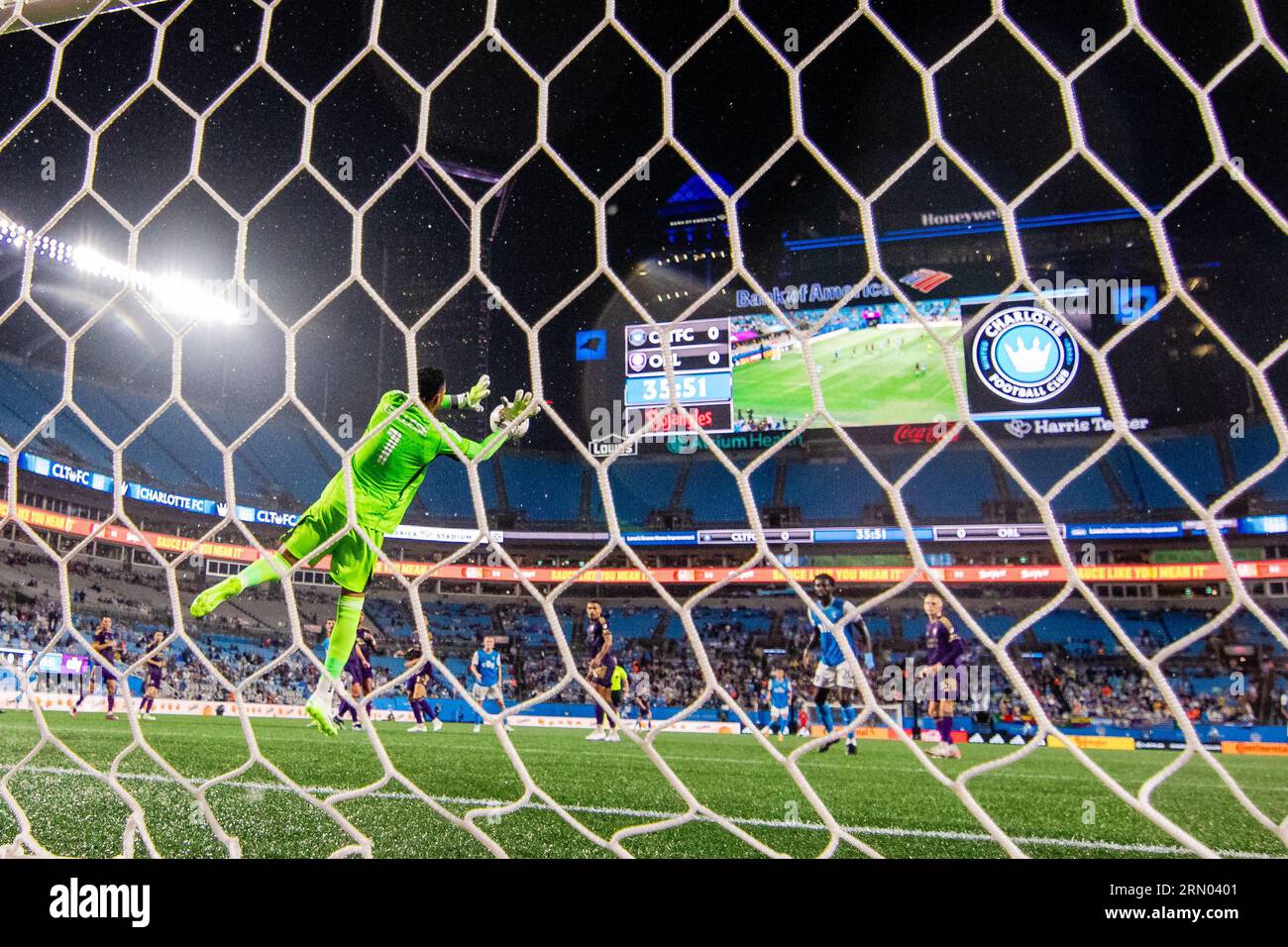 August 30, 2023: Orlando City goalkeeper Pedro Gallese (1) makes the save against the Charlotte FC during the first half of the Major League Soccer match up at Bank of America Stadium in Charlotte, NC. (Scott KinserCal Sport Media) Stock Photo