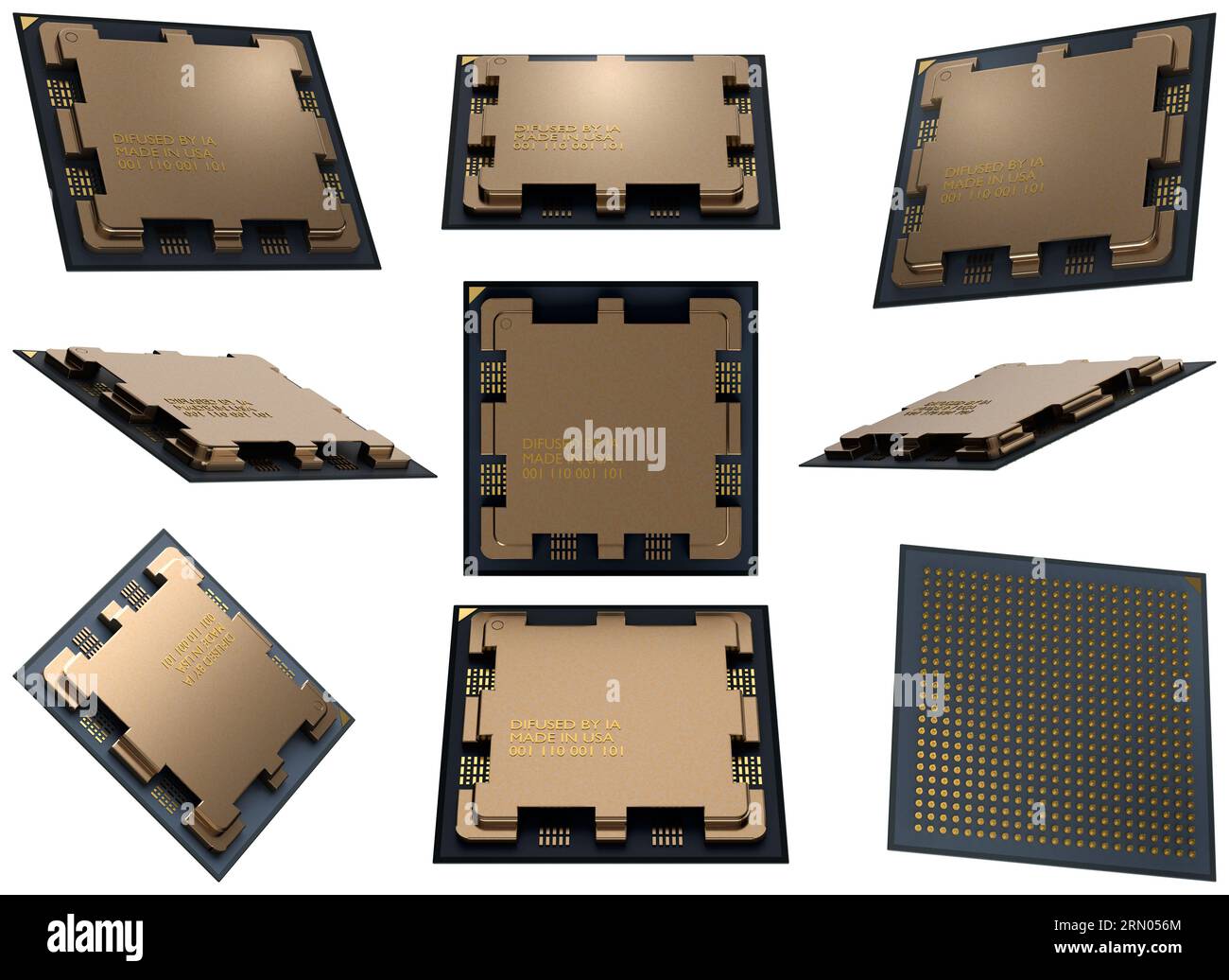 Set of modern central computer processors CPU illustrations concept, unit isolated on white. 3d rendering, concept image, digital chip. Stock Photo