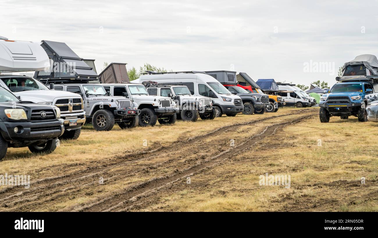 Loveland, CO, USA August 26, 2023 Camper vans, SUVs with rood tents