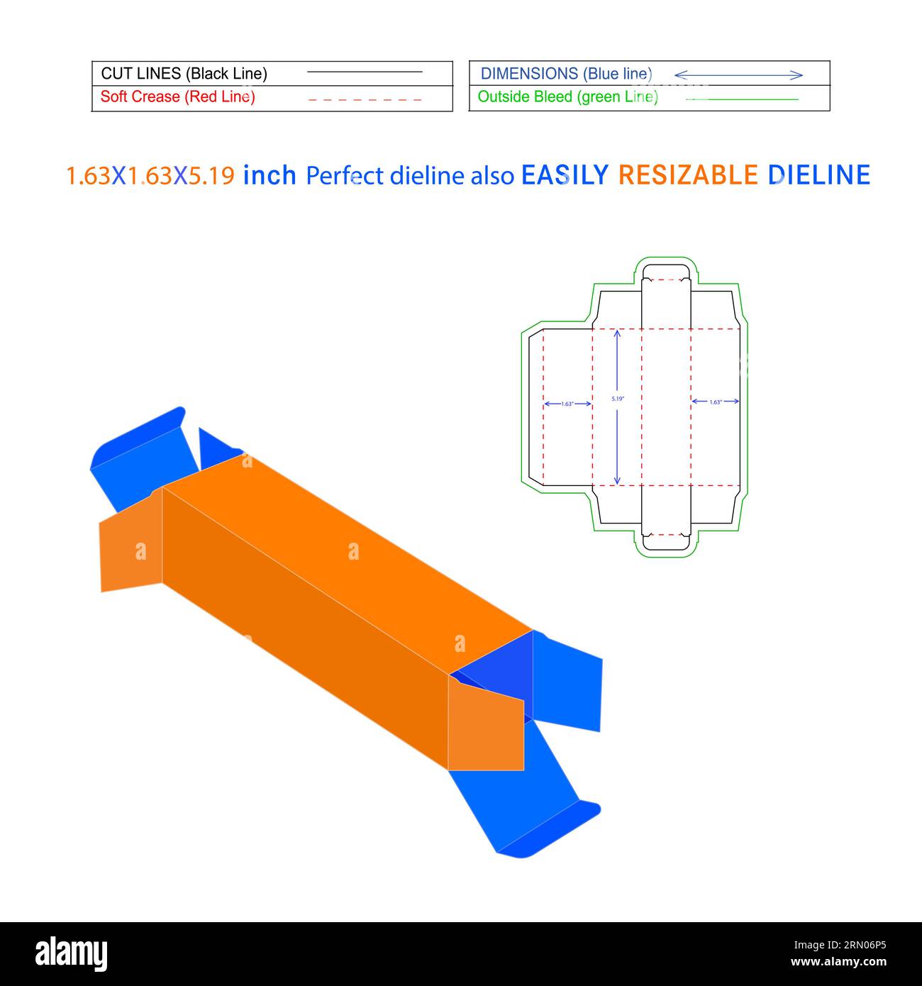 Straight tuck end box 1.63x1.63x5.19 inch Die line template and 3D ...