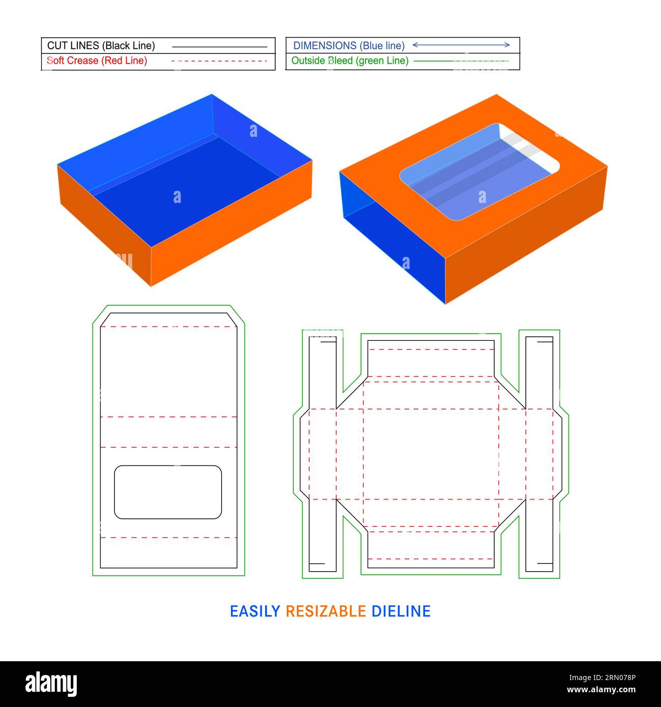 Sleeve drawer box, chocolate paper drawer box die line template and 3D render, editable and resizeable vector file Stock Vector