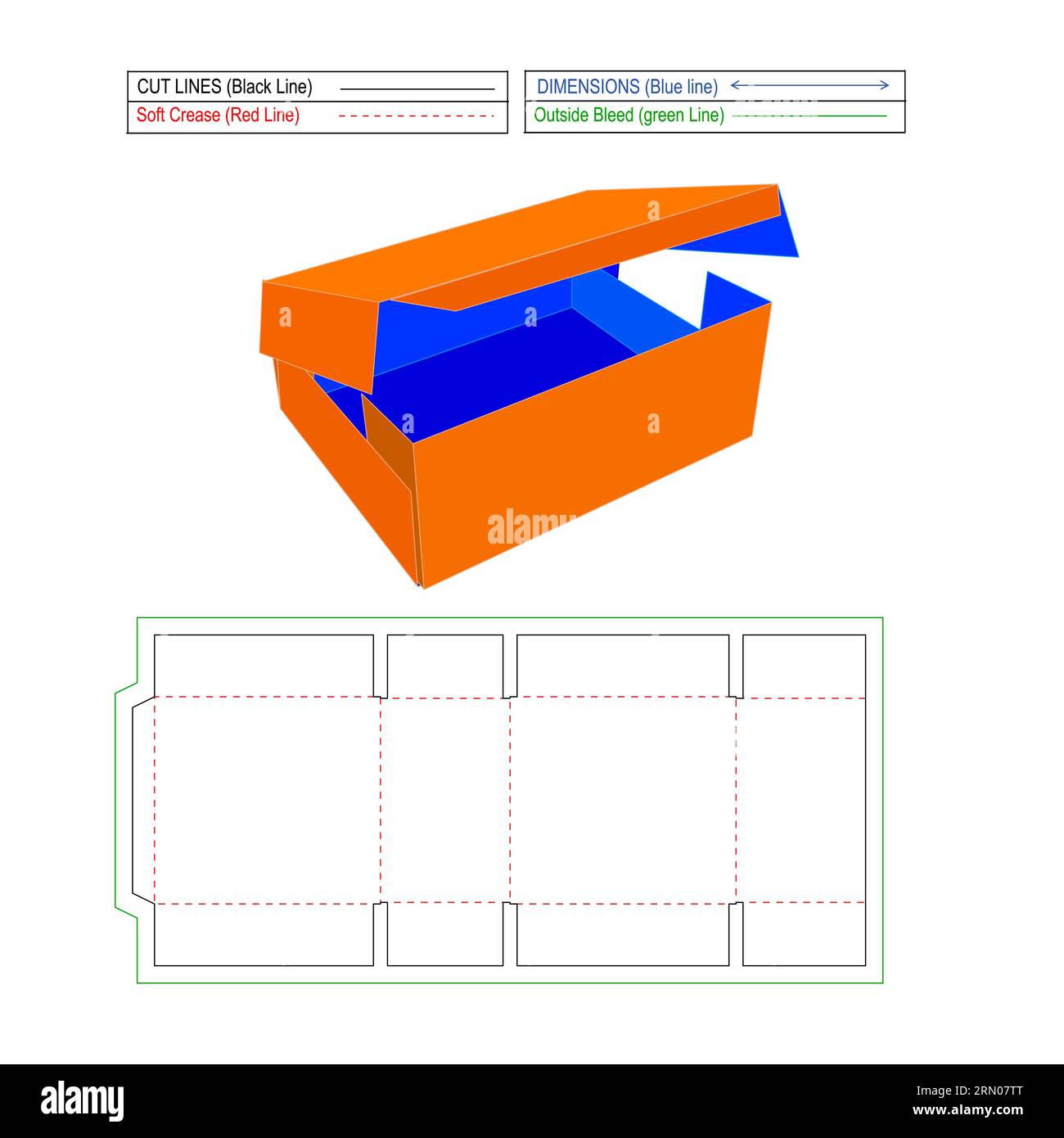 One paper foldable shipping box die line template and 3D vector render Stock Vector