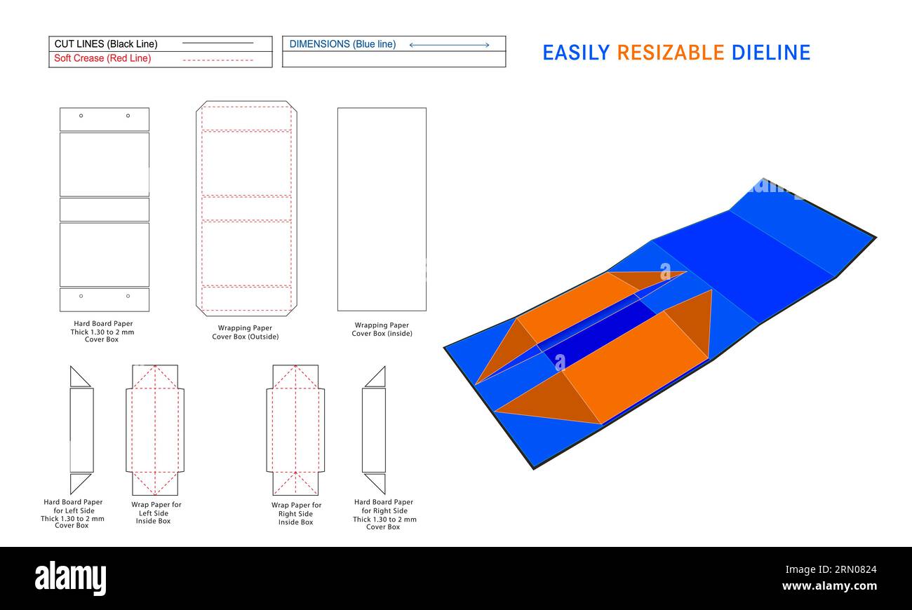 Foldable and Collapsible rigid box die line and 3D box editable easily resizeable Stock Vector