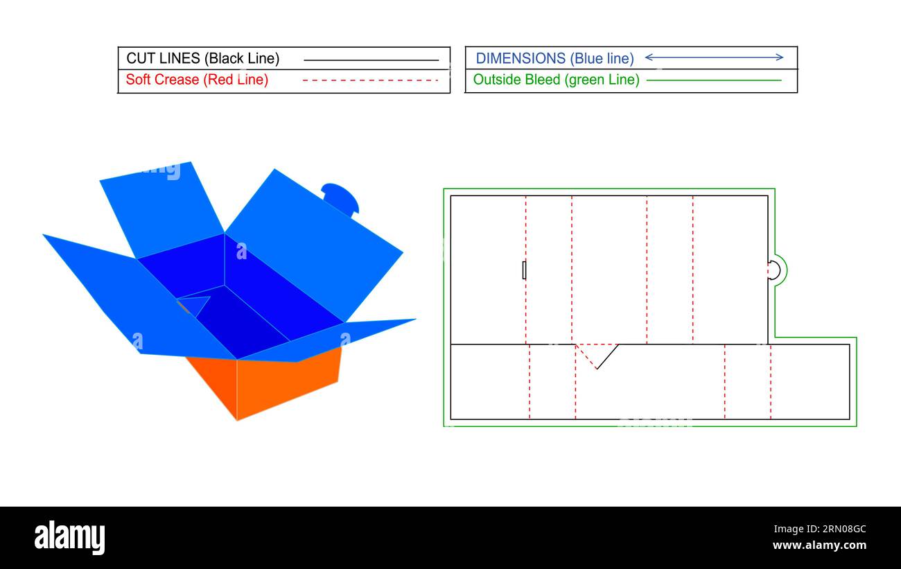 Corrugated foldable box without glue use, Die line template and 3D