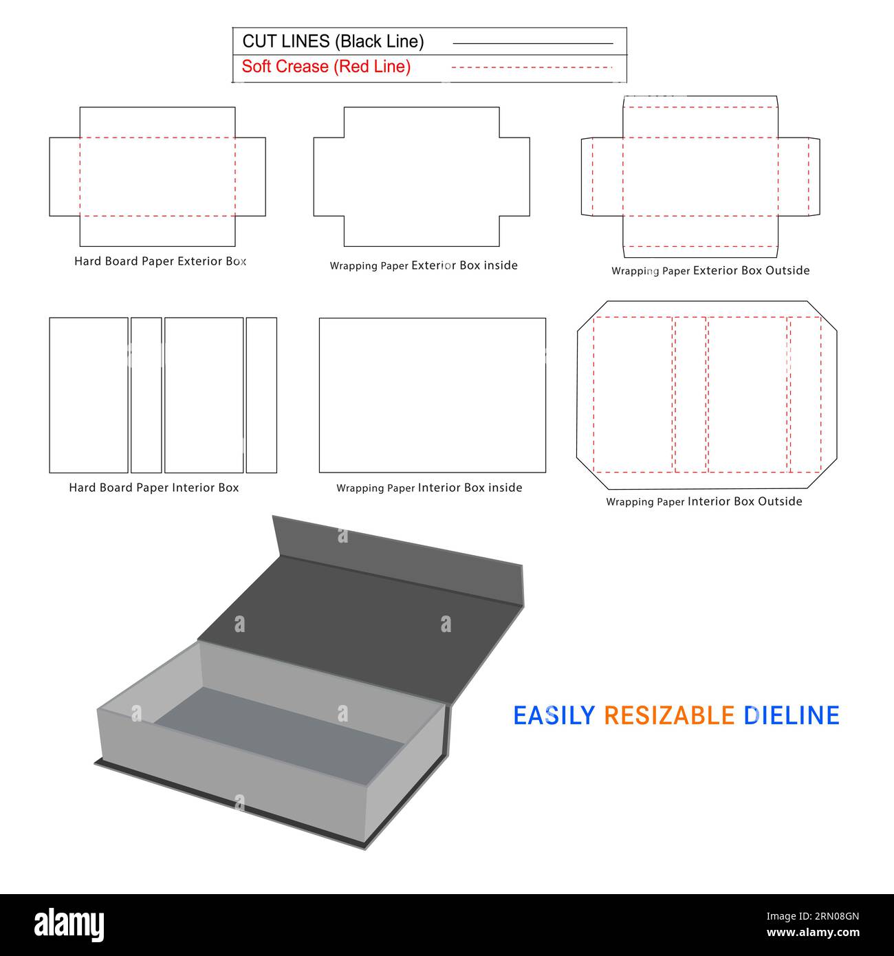 Custom rigid box, Rigid Luxury Boxes die line template and 3D