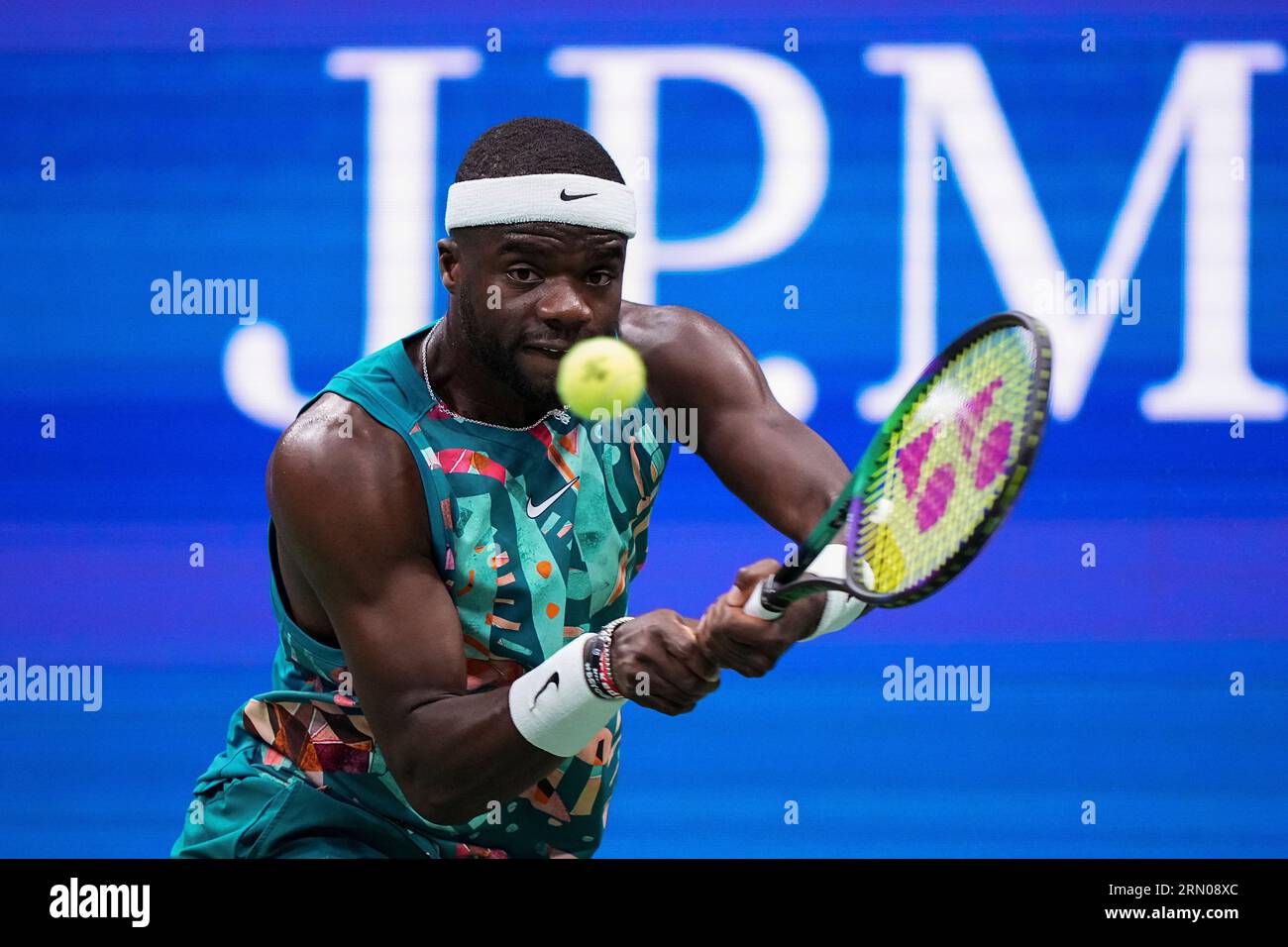 Frances Tiafoe in action during a mens singles match at the 2023 US Open, Wednesday, Aug