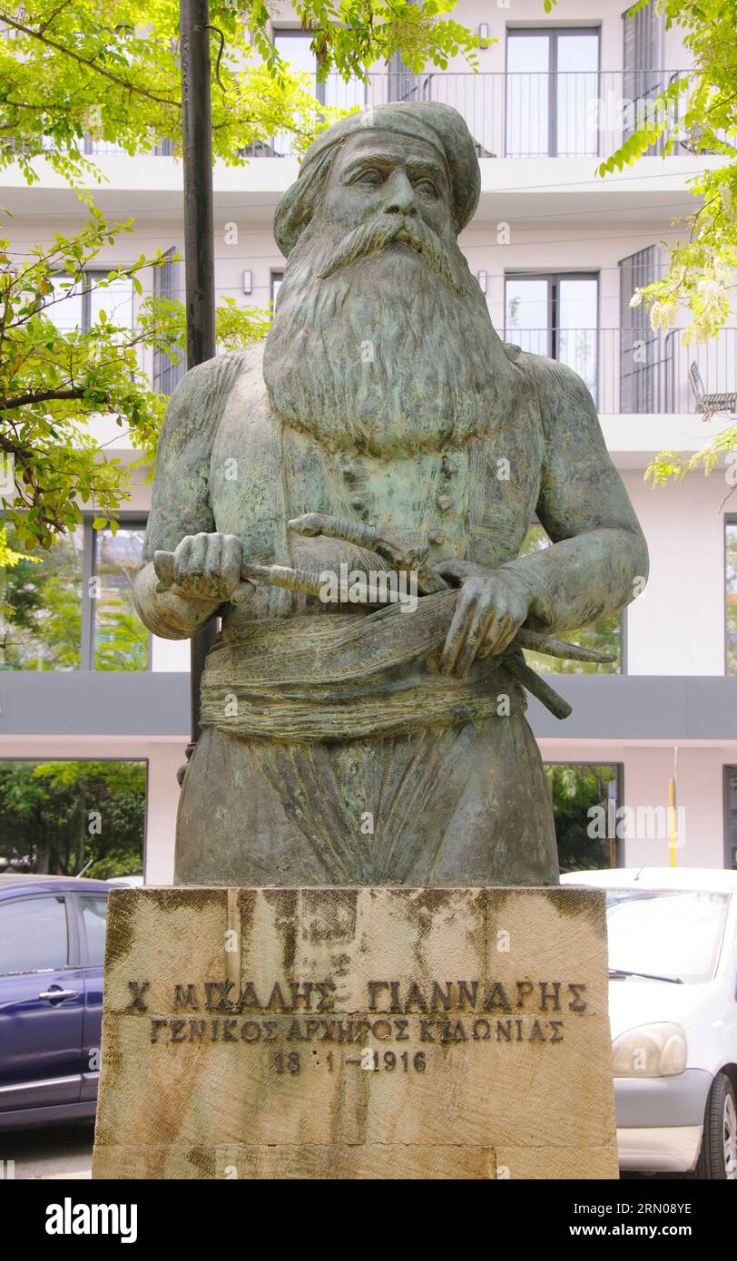 Greece: Hatzi Mihalis Giannaris (1833 - 1916), revolutionary leader in the 1866 Great Cretan Revolution, 1866 Square, Chania (Hania), Crete.  The Great Cretan Revolution (1866 - 1869), also known as the Cretan Revolt, was an uprising against the Ottoman Empire's control in Crete. Stock Photo