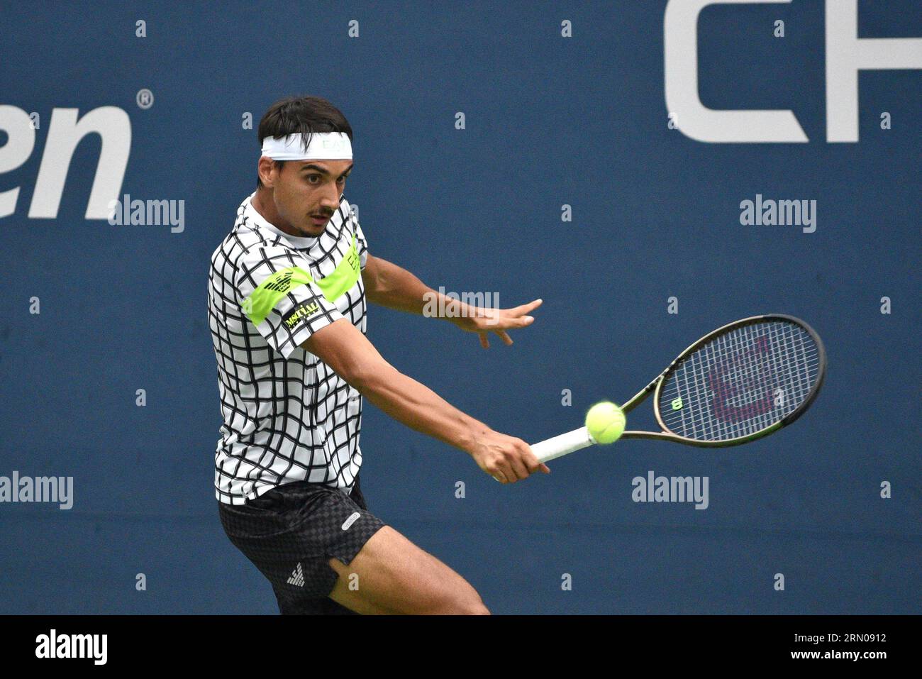 Lorenzo Sonego in action during a mens singles match at the 2023 US Open, Tuesday, Aug