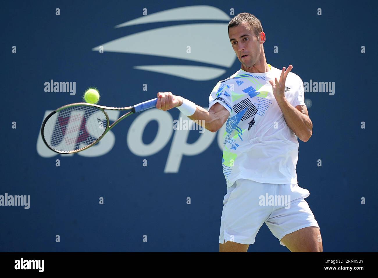 Laslo Djere in action during a mens singles match at the 2023 US Open, Wednesday, Aug