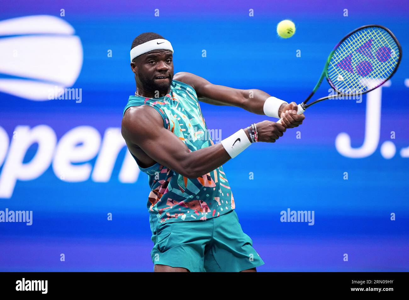 Frances Tiafoe in action during a mens singles match at the 2023 US Open, Wednesday, Aug