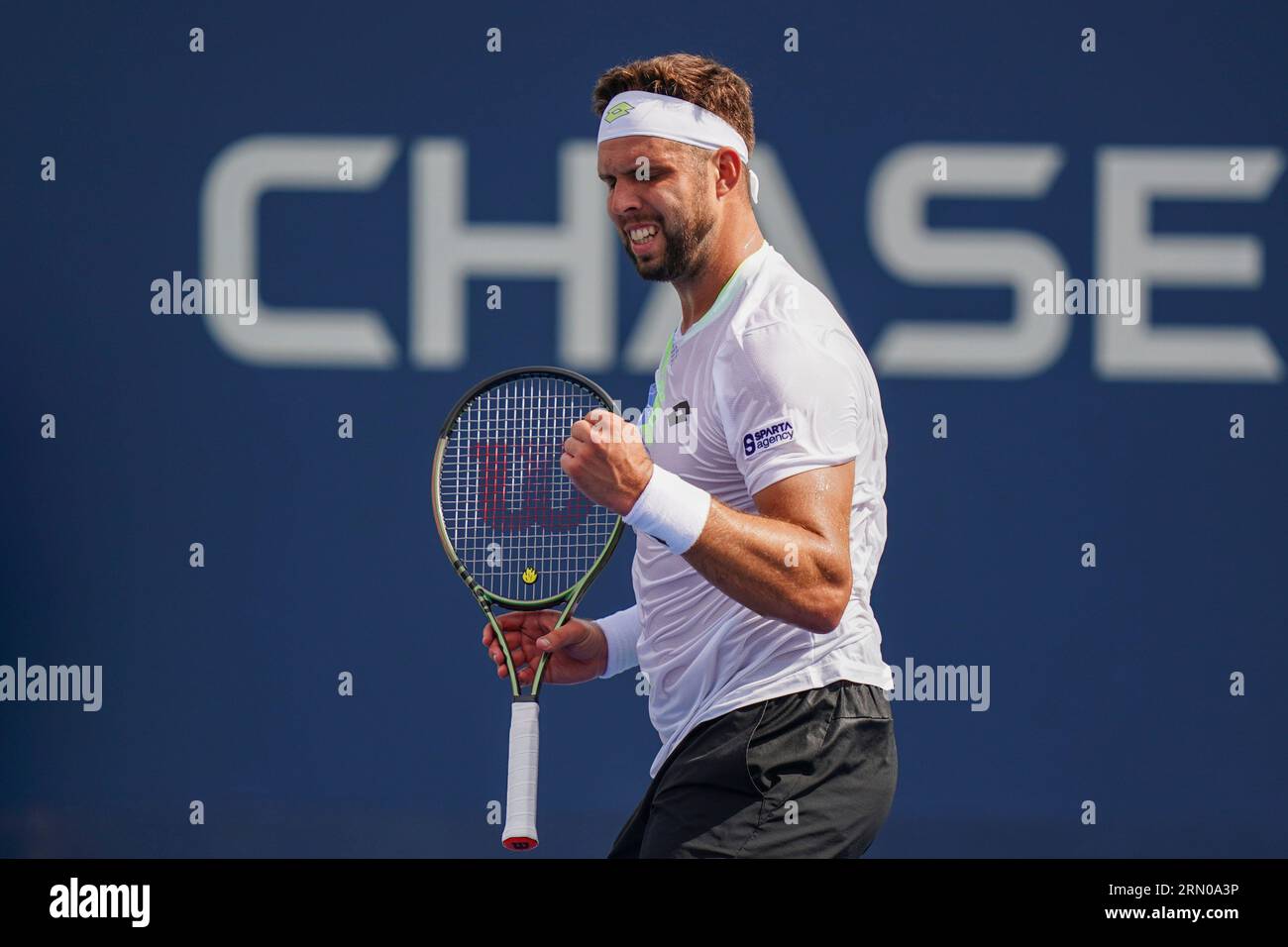 Jiri Vesely reacts during a mens singles match at the 2023 US Open, Wednesday, Aug