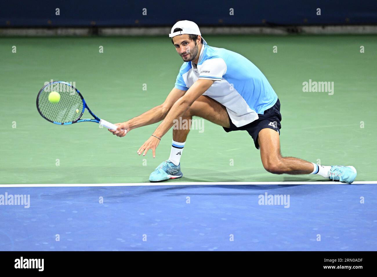 Titouan Droguet in action during a mens singles match at the 2023 US Open, Wednesday, Aug