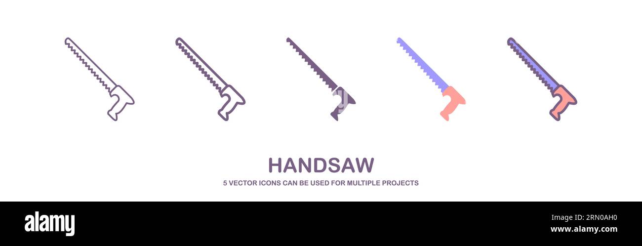 Vector set of realistic hacksaw icons. Saw for garden. handsaw illustration, metal, wood and aerated concrete. vector illustration Stock Vector
