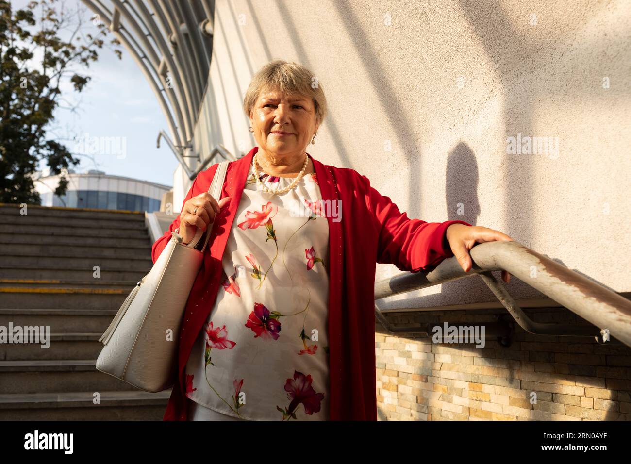 Portrait Elder Mature Lady In Casual Clothes Moving Downstairs In ...