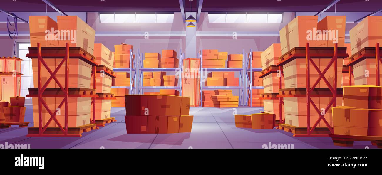 Interior of large warehouse with goods in wooden containers and cardboard parcel boxes on pallets and metal shelves and racks. Cartoon vector illustration of factory or store storage room inside. Stock Vector