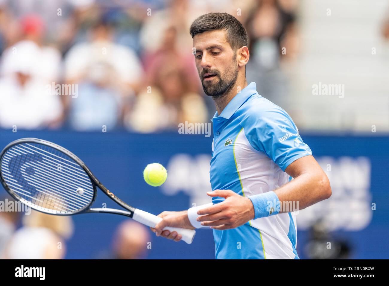 Novak Djokovic of Serbia in action during 2nd round against Bernabe Zapata Miralles of Spain at the US Open Championships at Billie Jean King Tennis Center in New York on August 30, 2023. Stock Photo