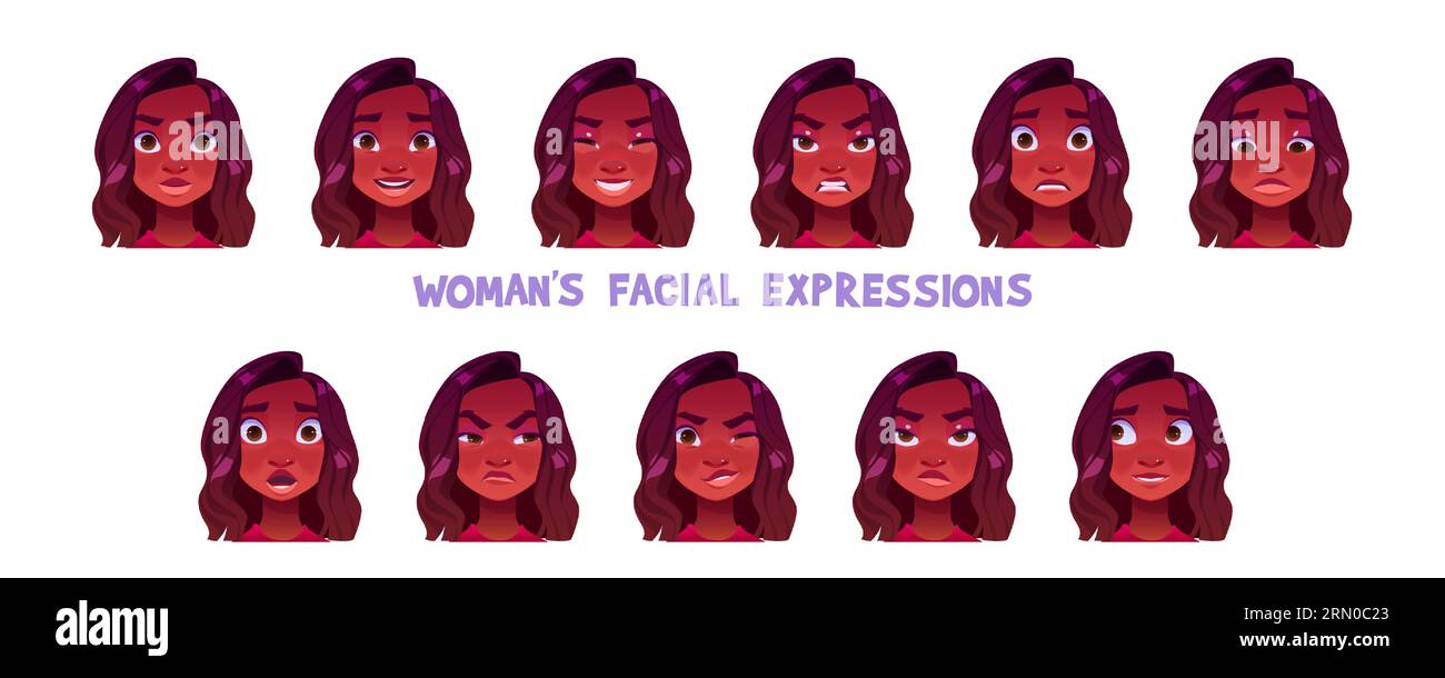 Woman facial expression cartoon vector set - african american young girl face with different emotions. Female avatar with neutral appearance, laughing and angry, embarrassed and surprised, winking eye Stock Vector