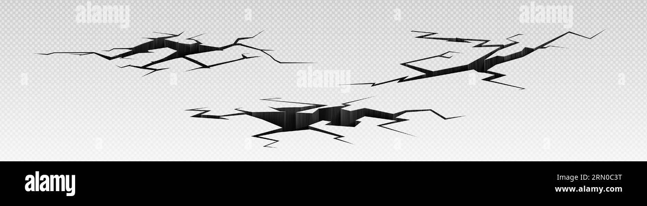 Realistic set of ground crack effects isolated on transparent background. Vector illustration of broken earth surface after earthquake or drought, damaged concrete floor, split texture, erosion hole Stock Vector