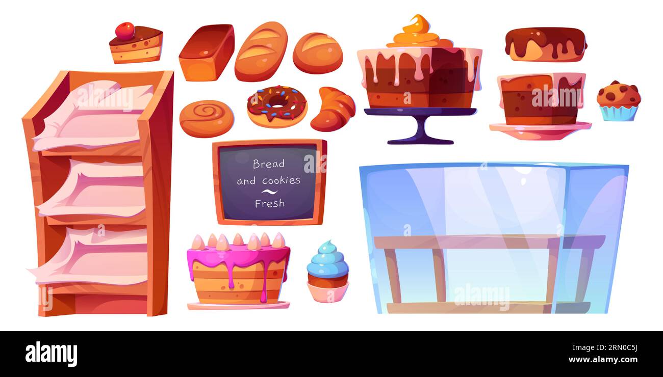 Bakery shop interior elements cartoon glass showcase and shelves for