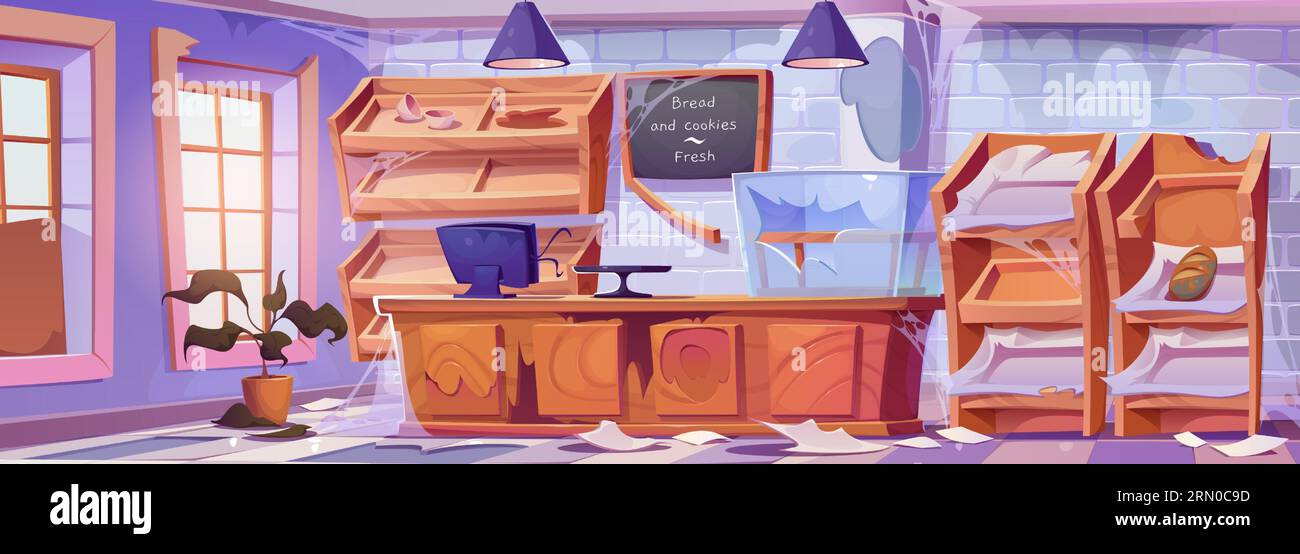 Broken and abandoned bakery shop interior with damaged furniture ...