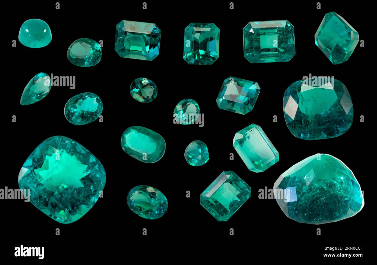 Set of real green jewels. Green emeralds from Muzo, Colombia, isolated on Black background, Round cut, Princess cut  Oval cut, Colorful green gemstone Stock Photo