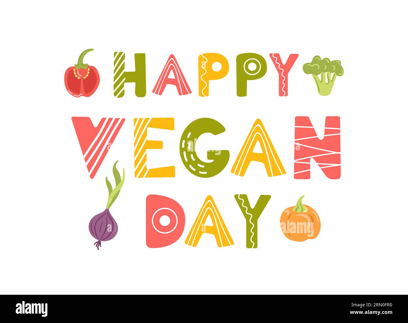 Happy vegan day. Banner in cartoon style. Fresh seasonal vegetables, harvesting. Pepper and broccoli, onion and pumpkin. Veganuary. flat style. Letter Stock Vector