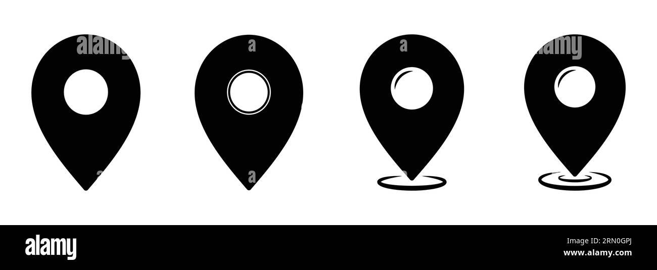 GPS location icon set in black color. Location pin icon. Map pin place marker. Location icon. Map marker pointer icon set. GPS location symbol set. Stock Vector