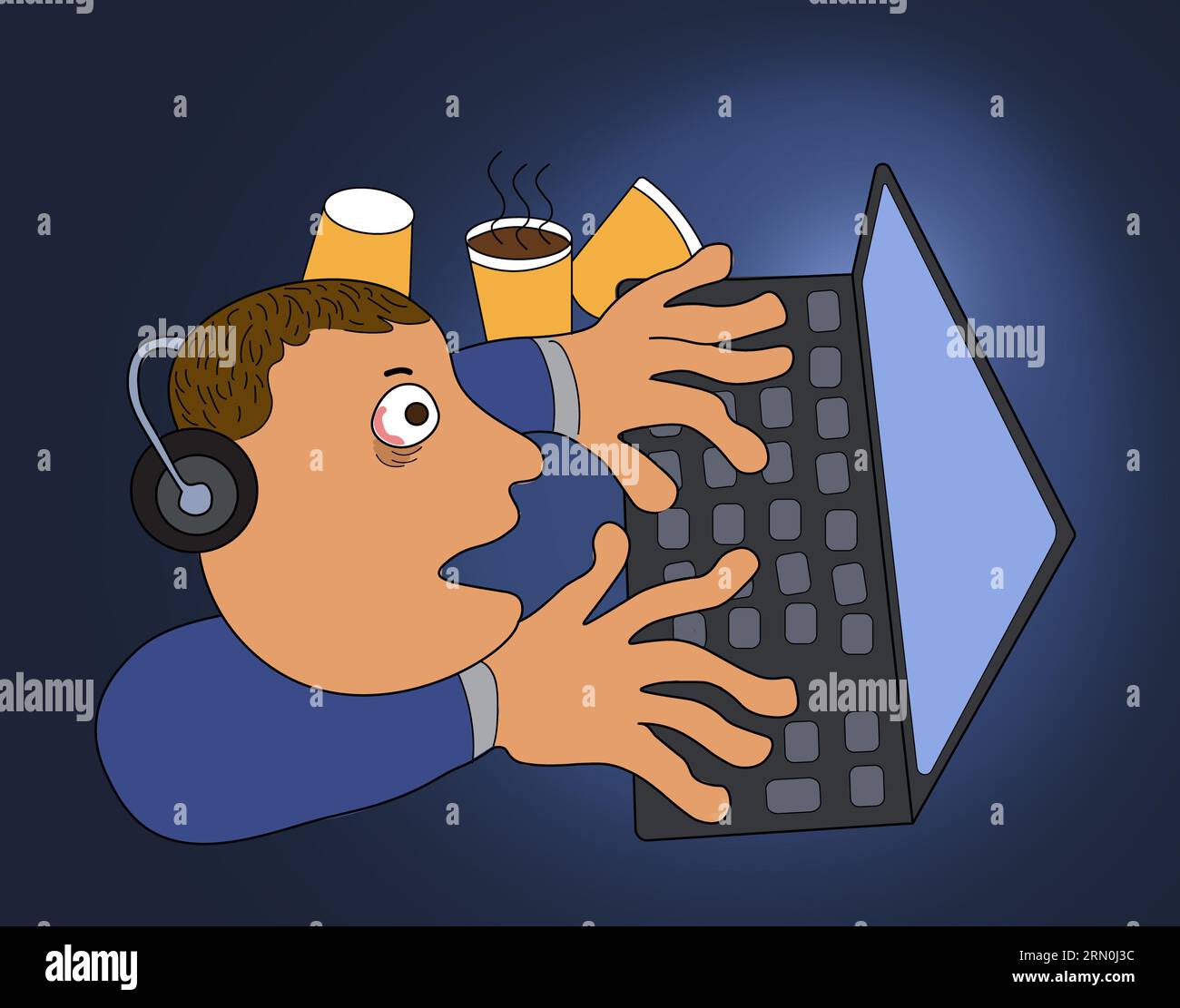 Overworked man typing keyboard on computer. Burnout, frustrated and tired from blue light