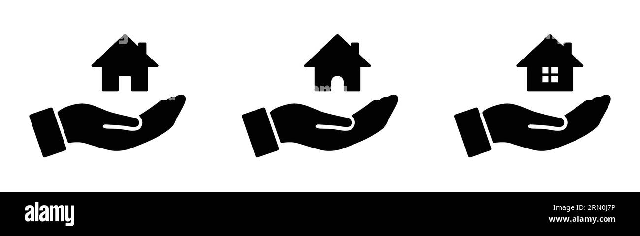 Home on hand symbol for buying, selling, renting, leasing home. House on hand symbol isolated black for housing, real estate, property dealing home. Stock Vector