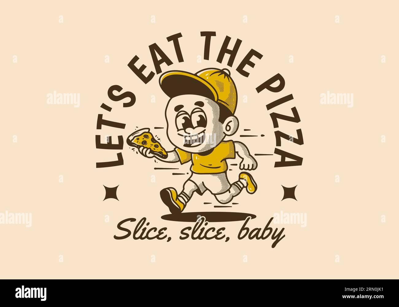Let's eat the pizza, a little boy running and holding a slice of pizza