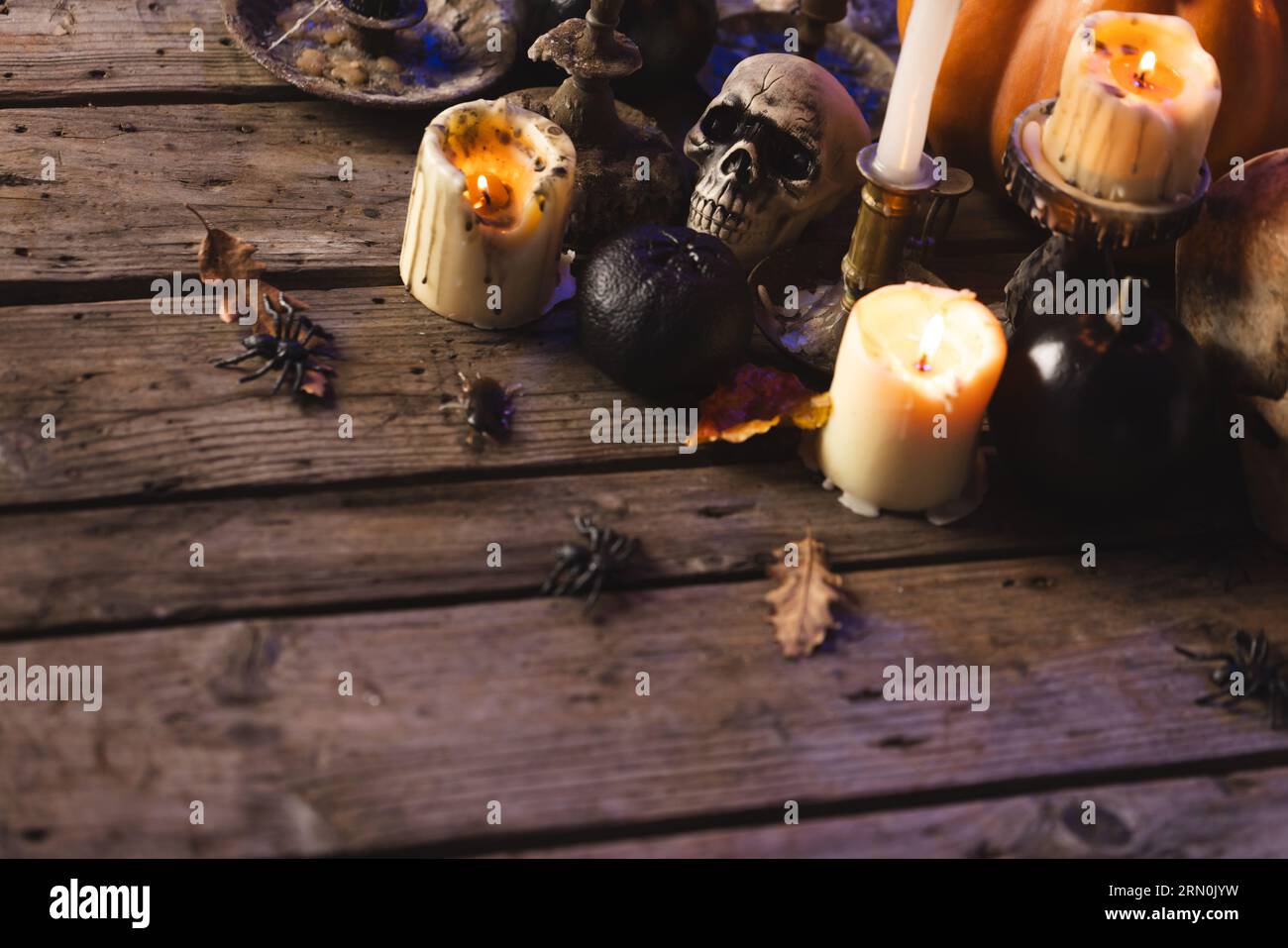 Pumpkins, skulls and burning candles on brown background Stock Photo