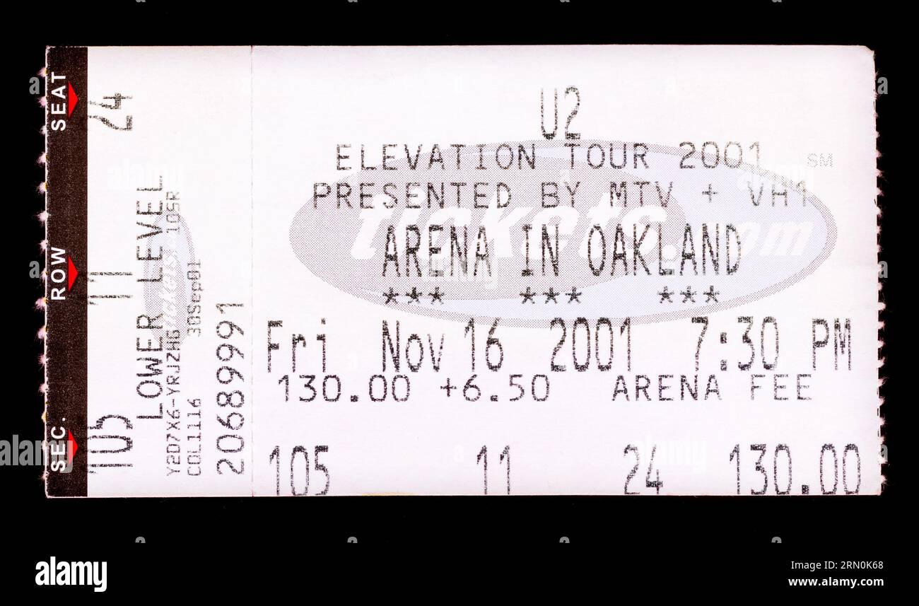 Oakland, California - November 16, 2001 - Old used ticket stub for U2 concert at Oakland Arena Stock Photo