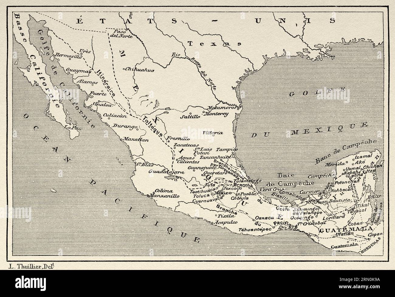 Toltec migration map, Mexico. North America. Trip To The Yucatan And The Land Of The Lacandons By Désiré Charnay 1880. Old 19th century engraving from Le Tour du Monde 1906 Stock Photo
