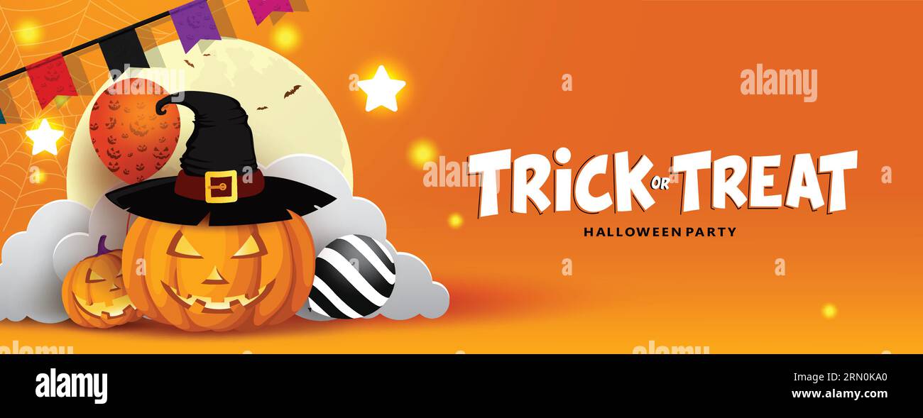 Trick or treat text vector design. Halloween trick or treat with scary, spooky and creepy lantern witch pumpkin elements in yellow background. Vector Stock Vector