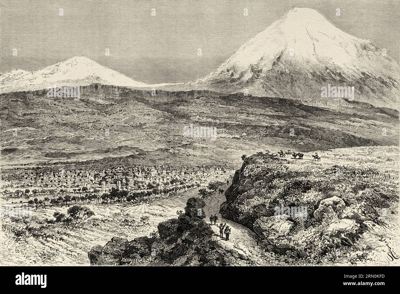 Cityscape of La Paz, Bolivia, South America. Journey in search of the remains of the Crevaux mission by Émile-Arthur Thouar 1884. Old 19th century engraving from Le Tour du Monde 1906 Stock Photo