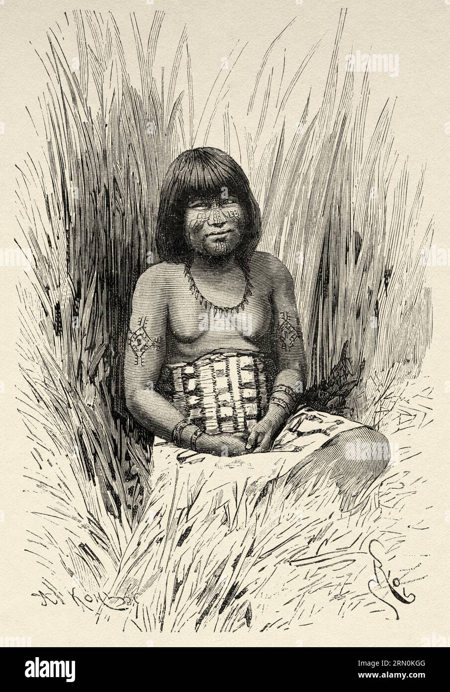 Young indigenous Toba Indian girl, Bolivia, South America. Journey in search of the remains of the Crevaux mission by Émile-Arthur Thouar 1884. Old 19th century engraving from Le Tour du Monde 1906 Stock Photo