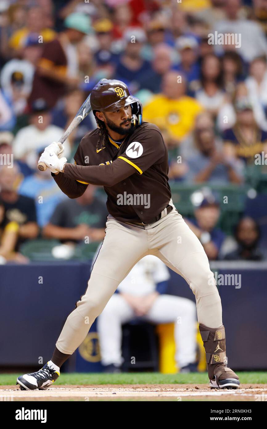 MILWAUKEE, WI - AUGUST 26: San Diego Padres right fielder Fernando Tatis Jr.  (23) bats during an MLB game against the Milwaukee Brewers on August 26,  2023 at American Family Field in
