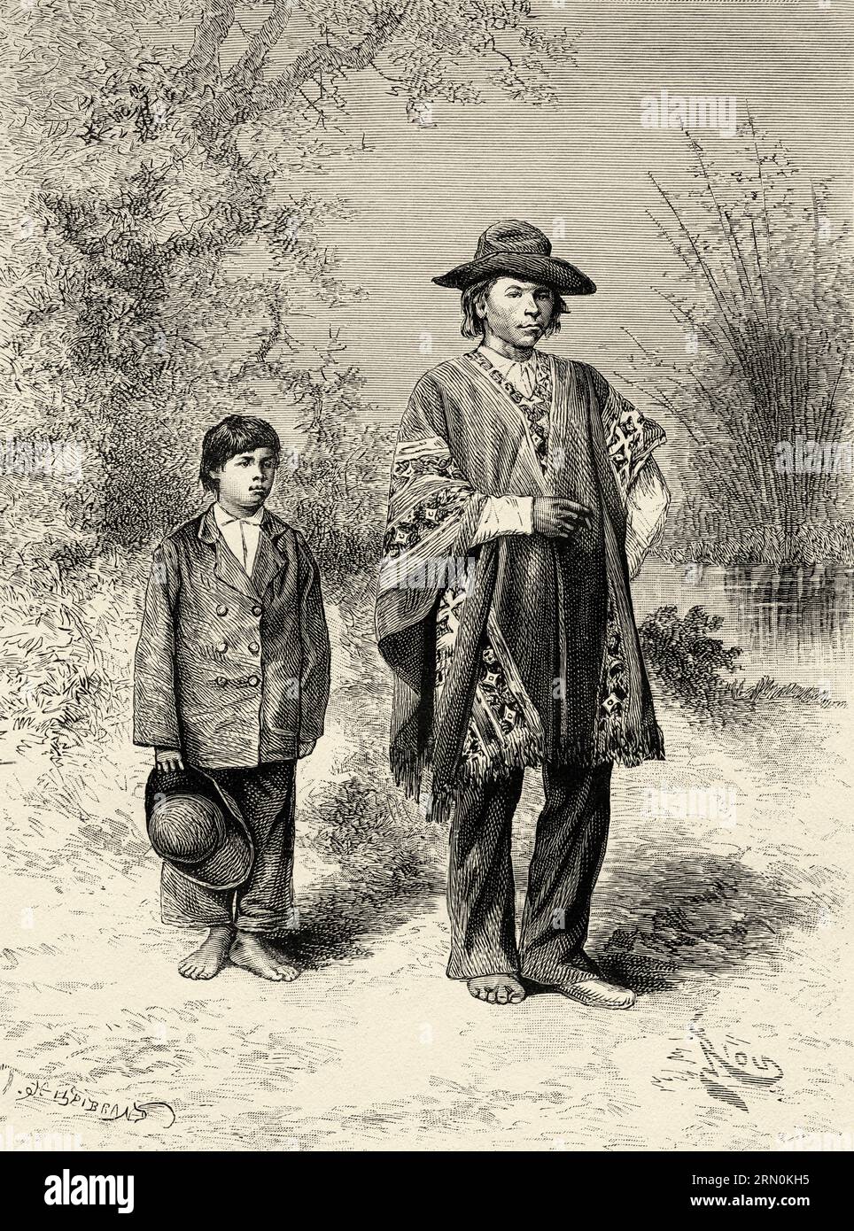 The jaguar hunter and his son, Bolivia, South America. Journey in search of the remains of the Crevaux mission by Émile-Arthur Thouar 1884. Old 19th century engraving from Le Tour du Monde 1906 Stock Photo